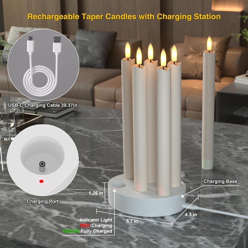 Staerysky Rechargeable Flameless Taper Candles with Charging Station, 6 Pcs