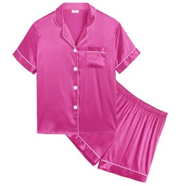 SWOMOG Silk Satin Pajamas Set Short Sleeve Button-Down PJs Two-Piece Lounge Sets Sleepwear