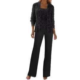 Chiffon Mother of The Bride Pant Suits for Wedding Black 3 Pieces Formal Pant Suits for Women Dressy Wedding Guest Size 14
