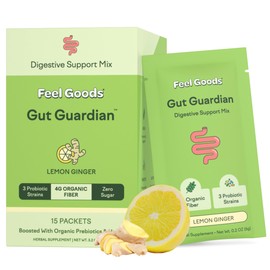Feel Goods Gut Guardian, Organic Fiber, Probiotic & Prebiotic Powder, Sugar Free, Herbs for Bloat, Gut Health Support, Digestive Health for Men & Women, Non GMO, Vegan, Lemon Ginger, 15 Count