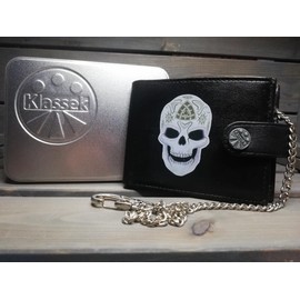 Klassek Skull Celtic Death Pagan Druid Dead Mens Wallet with Chain Real Leather RFID Blocking with Coin Pocket and Metal Gift Box