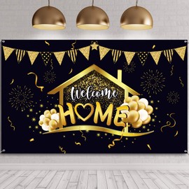 Tatuo Welcome Home Backdrop Homecoming Party Decorations Supplies Welcome Back Banner Return Home Photography Background for Family Party Decoration Photo Booth Black Gold, 70.8 x 43.3 Inch
