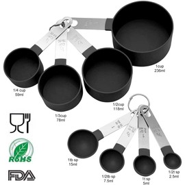 Tazas y Cucharas Medidoras Set 8 Pzs, Mangos de Acero Inoxidable con Marcas Metricas, Utensilios de Cocina para Reposteria, Vaso Medidor Liquidos y Secos, Negro BEE VIBES