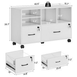 Nosepen 2 Drawer Wood Mobile Large Lateral File Cabinet with Lock, Lockable Rolling Filing Cabinet with Storage Shelves, Printer Stand Office Storage Cabinet for Home Office Fits Files Legal/A4,White