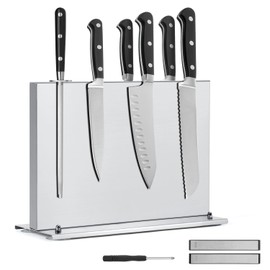 Kirumie Magnetic Knife Holder, Stainless Steel Magnetic Knife Block with Sharpener, Double Sided Strong Magnet Knife Storage for Kitchen Counter, Anti-movement Suction Cup Base