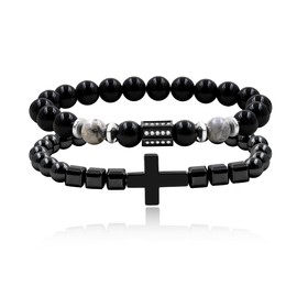 JunyiDIY Men's 2-Piece Faith Bracelet Set, Cross Charm Hematite Bracelet and Black Obsidian Love Commitment Bracelet for Husband Lover, Christian Valentine's Day Prayer Jewelry YS5499