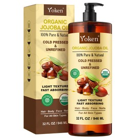 Yoken 946 Ml (Verificado Por Ewg) Aceite Portador De Jojoba 100 Puro - Sin Refinar, Sin Hexano, Prensado En Frío. Para Piel, Rostro, Cabello, Uñas Y  