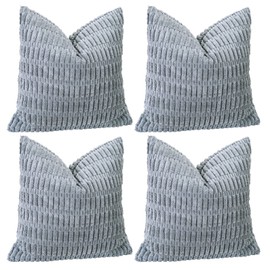 Sungeek Set of 4 Soft Corduroy Decorative Cushion Covers 45x45cm, Square Striped Throw Pillow Covers 18x18 Inch for Sofa Couch Living Room Patio Farmhouse, Boho Home Decor Pillowcases (Grey)