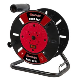 Extension Cord Storage Reel with 4-Grounded Outlets, Red Heavy Duty Open Cord Reel for 12/3 14/3 16/3 Power Cords, 10A Circuit Breaker, ETL Listed