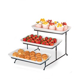 Delling Large 3 Tier Serving Tray Set, 14 Inch Tiered Serving Stand, Sturdier Rack with 3 Porcelain Serving Platters, Suitable for Dessert Table Display Set, Serving Dishes for Entertaining