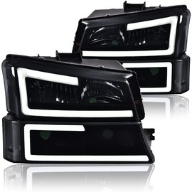 CNNELL LED DRL Headlights Assembly Compatible with Chevy Silverado Avalanche 2003-2007 1500 2500 3500&HD Driver and Passenger Side, Smoky lens Black Housing Clear Reflector