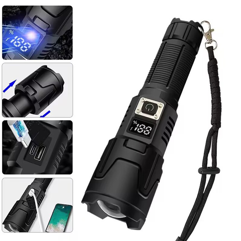 LED Flashlight USB Rechargeable Digital 120000lm High Luminous Flux Ultra
