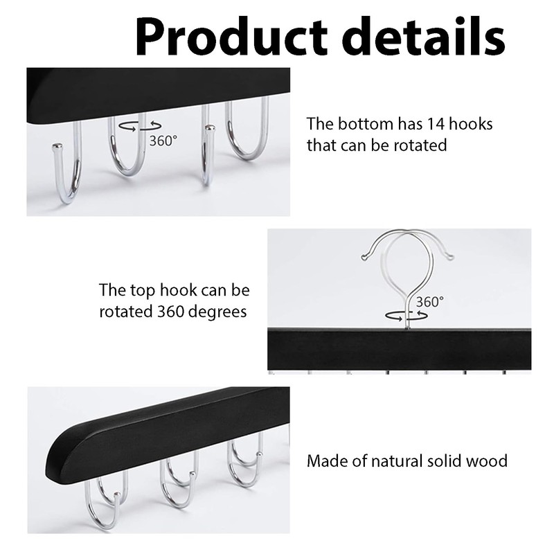 2 Pcs Natural Wooden Belt Hanger with 14 Rotatable Hooks