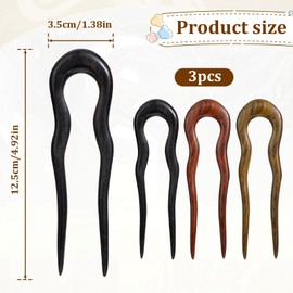 3 Pack Wooden Hair Sticks for Women, U Shaped Hair Fork, French U Shaped Hairpin with Two Prongs Hair Clips, U Shape Hair Forks for Long Hair, Frosted French Hair Pin, Vintage Matte Hair Pins