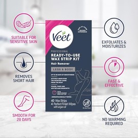 Veet Leg and Body Hair Remover Cold Wax Strips, 40 Count