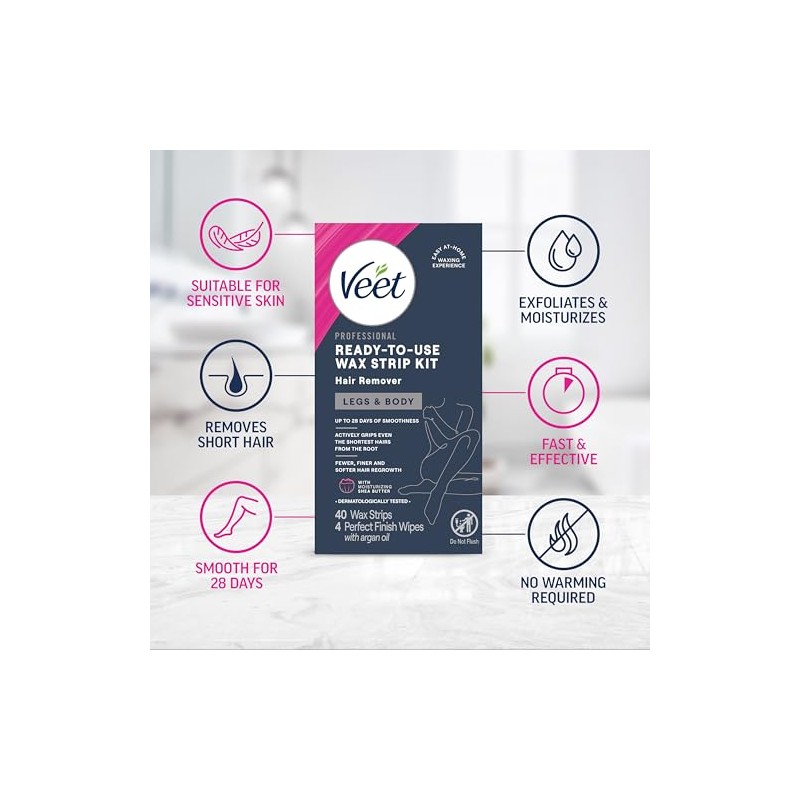 Veet Leg and Body Hair Remover Cold Wax Strips, 40