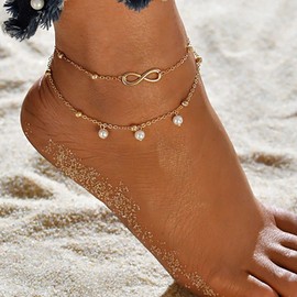 Carovo Minimalist Layered Infinity Ankle Bracelets for Women 18K Gold filled Dainty Pearl Anklet Beaded Ankle Bracelet Cute Gold Beach Foot Chain Jewelry for Women