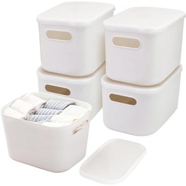 Exquilnova Pack of 4 Storage Boxes with Lid, Stackable Plastic Organiser Boxes, Storage Containers, Bathroom Organiser, Storage Boxes for Kitchen, Office, Bedroom, Living Room (White)