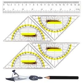 YPYMOD Maths Geometry Set with 4 Pieces Geo Triangles (16 cm) with Handle, Ruler (20 cm), Compass, Pencils and More, Ideal Gift for Students, Teachers and Math Lovers