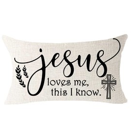 NIDITW Inspirational Quote Jesus Loves Me This I Know Cross Blessed Cotton Linen Lumbar Throw Pillow Cover Cushion Case Farmhouse Chair Couch Decorative Waist 12x20 Inches (Jesus)