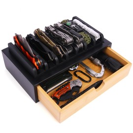 Pocket Knife Display Case, EDC Knife Rack for 7 Knives - Wooden Knife Organizer with Drawer for EDC Flashlight Or Knives Accessories, Knife Holder Suitable as Christmas Gift for Men, Black