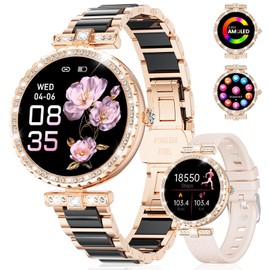 ESFOE Smart Watches for Women,1.19” AMOLED Smartwatch for Android iOS Phone,IP68 Waterproof Fitness Tracker Watch with Heart Rate Sleep Monitor 100+ Sports Pedometer,Ceramic Black(Answer/Make Calls)