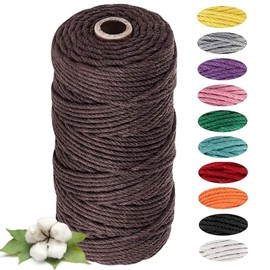 Macrame Yarn 3 mm x 100 m, Natural Cotton Cord Yarn, Bobbiny 3 mm Cotton Cord for Macrame Hanging Basket Hanging Plant DIY Decoration Weaving, Wall Decoration and Recyclable (Brown)