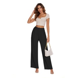 FUNYYZO Women Loose Pleated Front Long Pants Wide Leg Trousers Solid Causal Dressy Black