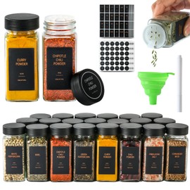 TESUNMU Spice Jars with Label，4oz Glass Spice Bottles With Shaker Lids，Seasoning Containers with Funnel, Chalk Pen for Cabinet，Drawer，Rack (Black, 36)