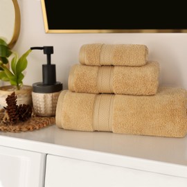 Superior Cotton Chevron 3 Piece Towel Set, Zero Twist, Quick Dry, Home Essentials, Shower, Spa, Luxury Plush Soft Absorbent Towels, Includes 1 Bath, 1 Hand, 1 Washcloth/Face Towel, Jacquard, Gold