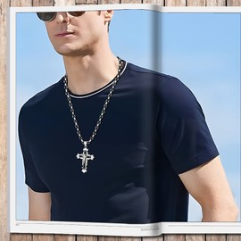 JUNOVUROS 20 to 28 Inches Rolo&Byzantine Chain 316L Stainless Steel Mens Cross Necklace with Large&Medium Sizes with Silver Gold Black