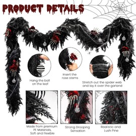 9FT Black Halloween Garland with Lights and Ornaments, Artificial Pre-Lit Cedar Pine Garland Halloween Decor Kit for Mantle Table Fireplace Stairs Holiday Indoor Outdoor Christmas Gothic Decorations