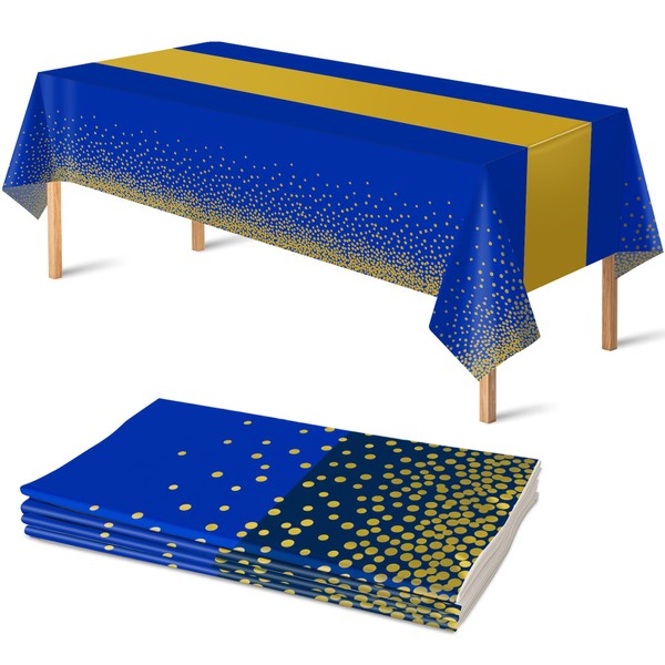 4 Pack Disposable Plastic Table Cloths for Parties,Blue and Gold Dot Plastic Table Cloth Disposable Rectangle Table Covers for Wedding Birthday Baby Shower BBQ First Communion Decorations 54" x 108"