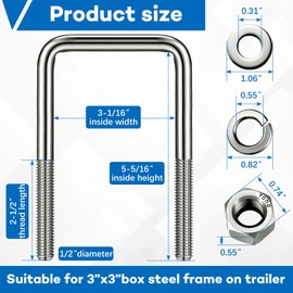 4 Pcs Hotop 304 Stainless Steel Square U-Bolt Boat Trailer U-Bolts with Washers and Nuts l Heavy Duty U Bolt for Sailboat Trailer Automobiles Industrial Part (1/2 D x 3 1/16 W x 5 5/16 Inch)