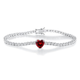Garnet Color Heart-Shaped January Birthstone Cubic Zirconias 4.0mm Tennis Bracelet | White Gold Bracelets for Women Birthday Jewelry Gift Length Size 7.5 inches