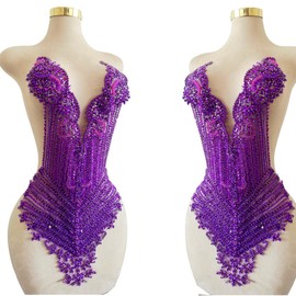 Handmade Stones Beads Bling Bright Crystal Patches Sew on Rhinestones Bodice lace Applique Accessories for Weding Dress Decorations (Purple)