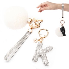 Initial Letter Keychain Bling Rhinestone Sparkly Pom Pom Bow Pendant Key Ring Car Purse Handbags Backpack Bag Charms Women Girl Girly Wristlet Key Chains Accessories (K keychain white)