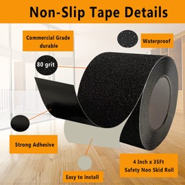 Heavy Duty Anti Slip Tape, 4 Inch x 35Ft Black Grip Tape for Stairs Outdoor Waterproof Non Skid Safety Walk Abrasive Adhesive Tape for Outdoor Indoor Stairs Steps Ramps Treads Floors Boats Skateboard