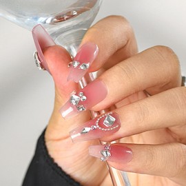 Sethexy Long Coffin Pink False Nails Handmade Rhinestone Blush Gradient Fake Nails 3D Crystal Love Heart Chain Press On Nails Glossy Acrylic Salon Quality Nail Art Removable for Women and Girls (J)
