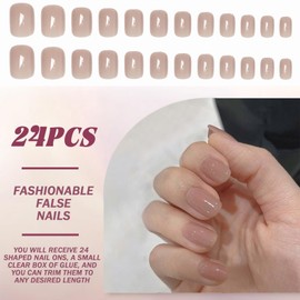 24PCS Semi-Transparent White French Tip Press-On Nails With Strong Glue - Short Comfort-Fit Reusable Acrylic False Nails With Natural Nude Gradient - Full-Cover Round Tips 15 Sizes - DIY Manicure Kit