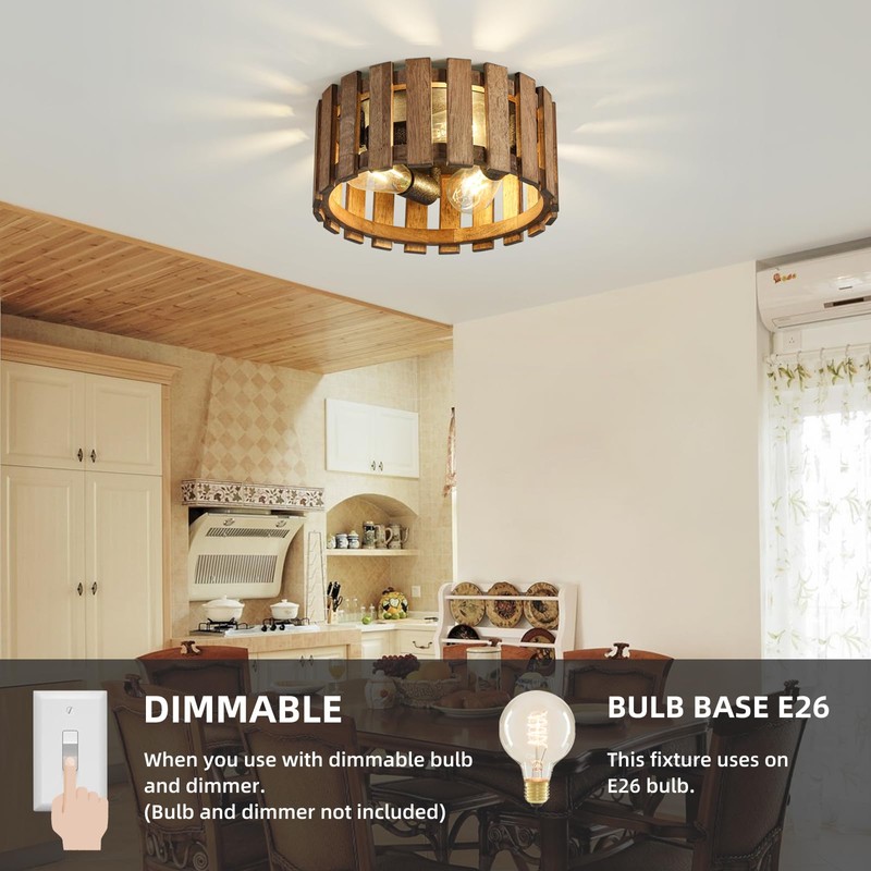3-Light Rustic Flush Mount Light Fixture, 12.2 Inch Farmhouse Wood