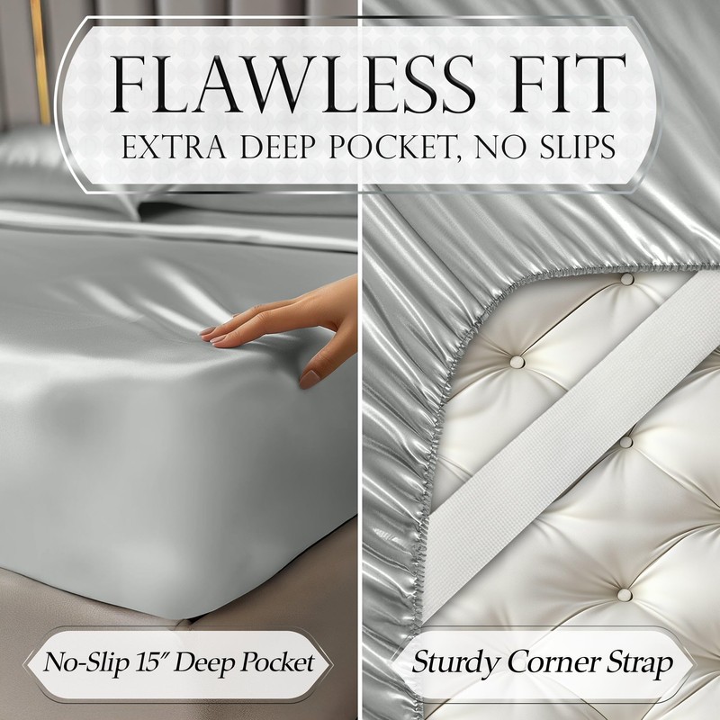 DECOLURE Satin Bed Sheets - 4 Piece Luxury Silky Queen