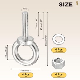 METALLIXITY Shoulder Eye Bolt with Washers & Nuts (M10x40mm) 4Set, 304 Stainless Steel Machinery Lifting Ring Threaded Eye Bolt - for Load Hoisting, Silver