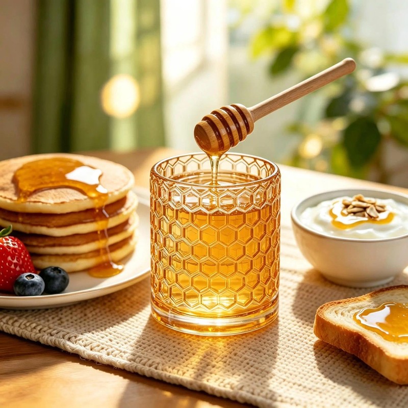 QFkris Champagne Crystal Glass Honey Pot with Dipper Sticks