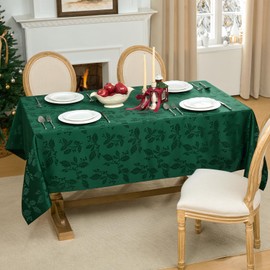 Softalker Christmas Jacquard Tablecloth - Waterproof Winter Vintage Damask Rectangle Table Cloth, Xmas Holly Polyester Fabric Table Cover Decor for Holiday, Dining, Party - Green 60 x 84 Inch