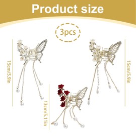 Tabanzhe 3 Pcs Butterfly Hair Claw Clips for Women,Non Slip Elegant Pearls Rhinestone Flower Hair Clips with Fringe,Silver Gold Metal Strong Hold Hairs Accessories for Medium Thick Hairs