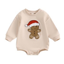 Lesimsam Baby Boy Girl Christmas Outfit Gingerbread Man Embroidery Sweatshirt Romper Oversized Long Sleeve Bubble Romper (Apricot, 0-3 Months)