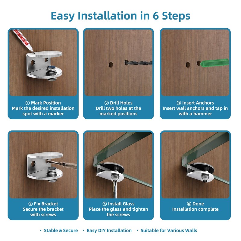 Stainless Steel Glass Shelf Brackets, 4-Pack