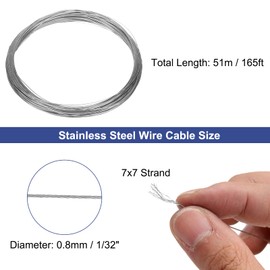 uxcell 1/32" (0.8mm) 165ft (51m) 304 Stainless Steel Cable Wire Rope 7 x 7 Strands Core Aircraft Wire for Construction Outdoors Marine Rigging Decking Railings