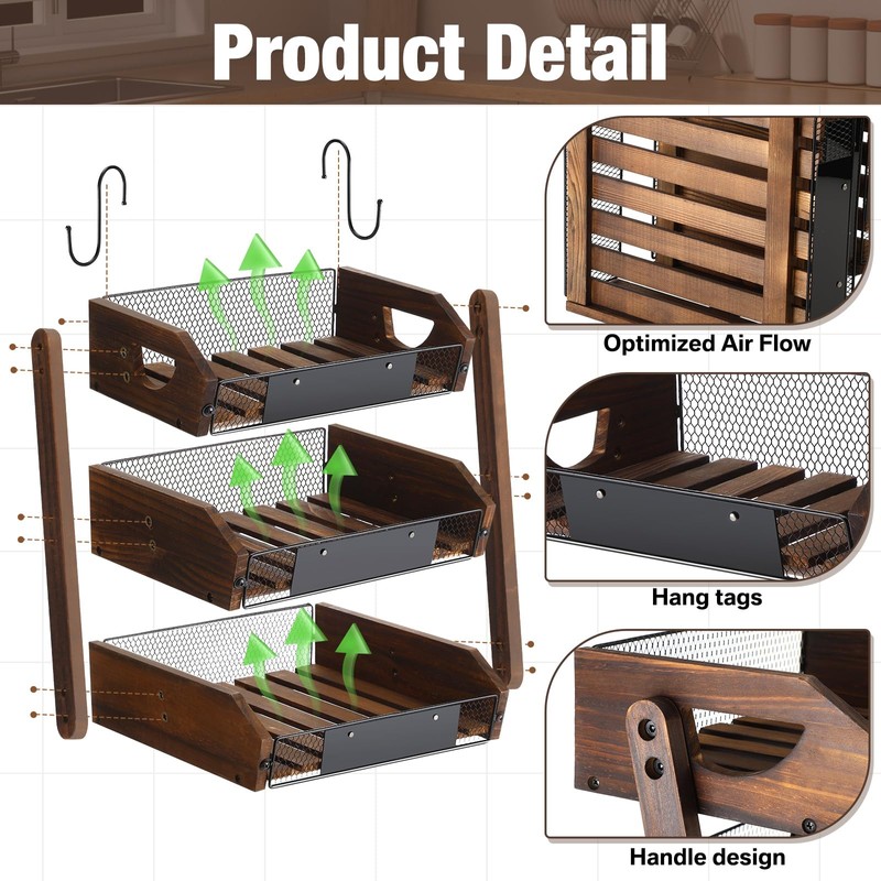 Briwooody Wooden Fruit Basket for Kitchen Counter with Banana Hangers